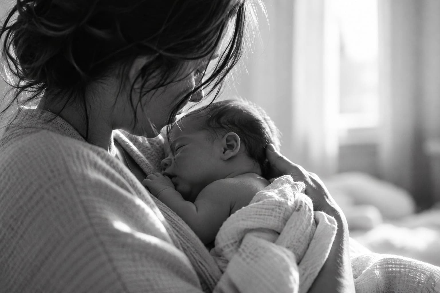 A mother holding her newborn close, in black and white.